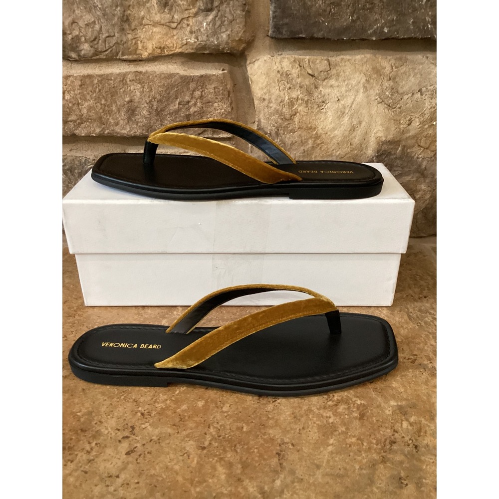 Veronica Beard Clea-2 Mustard Velvet Black Leather Square Toe Flat Sandals 10 M